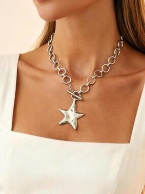 Chunky Star Necklace Silver Tone Star Necklaces for Women